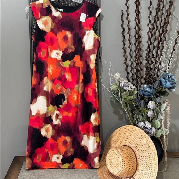 London Times Abstract Floral Sheath Dress Size 12 Red Orange Career Event - Picture 7 of 9